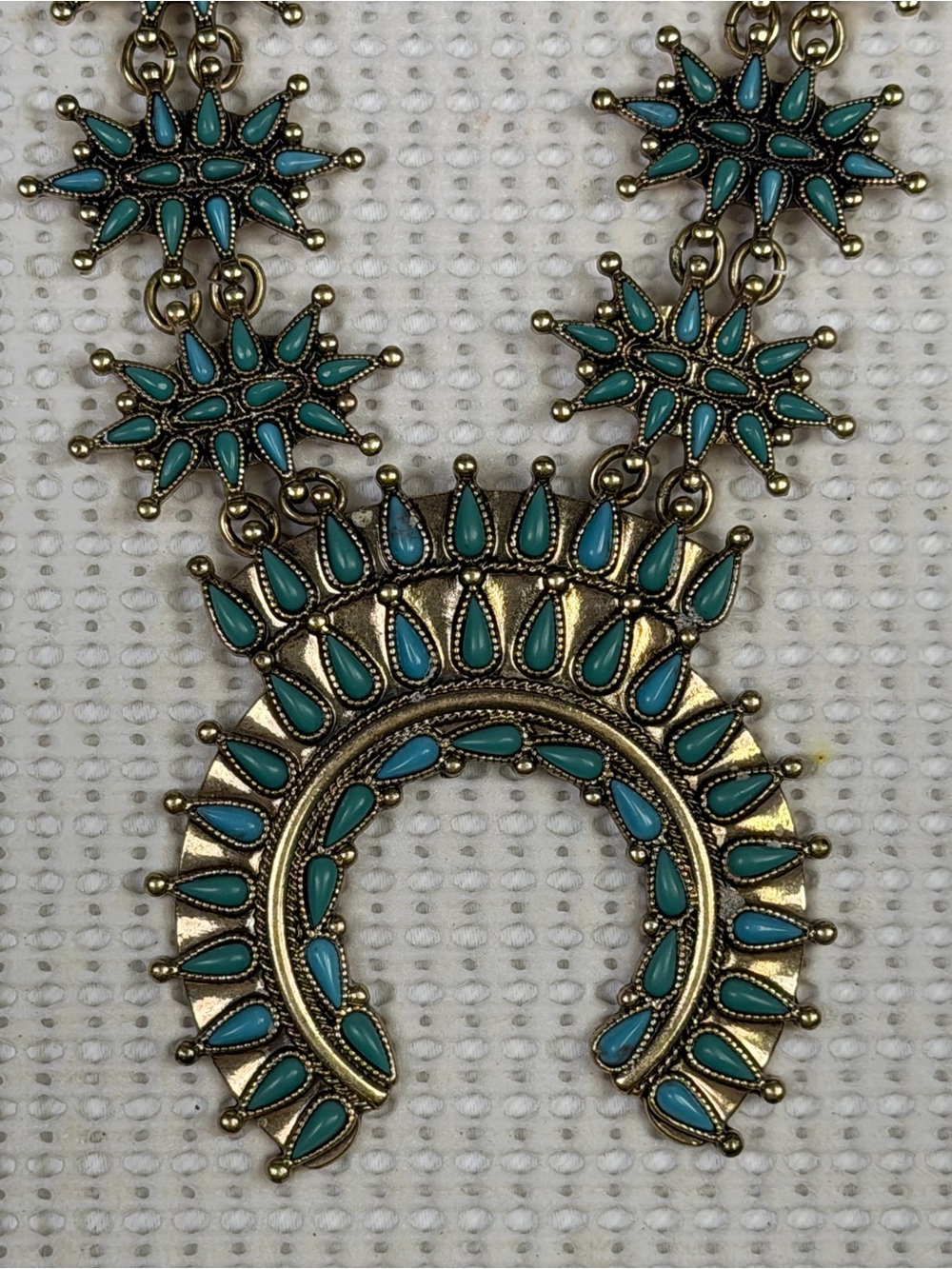 Faux Turquoise Statement Pendant Necklace - Squash Blossom Style - Picture 5 of 16